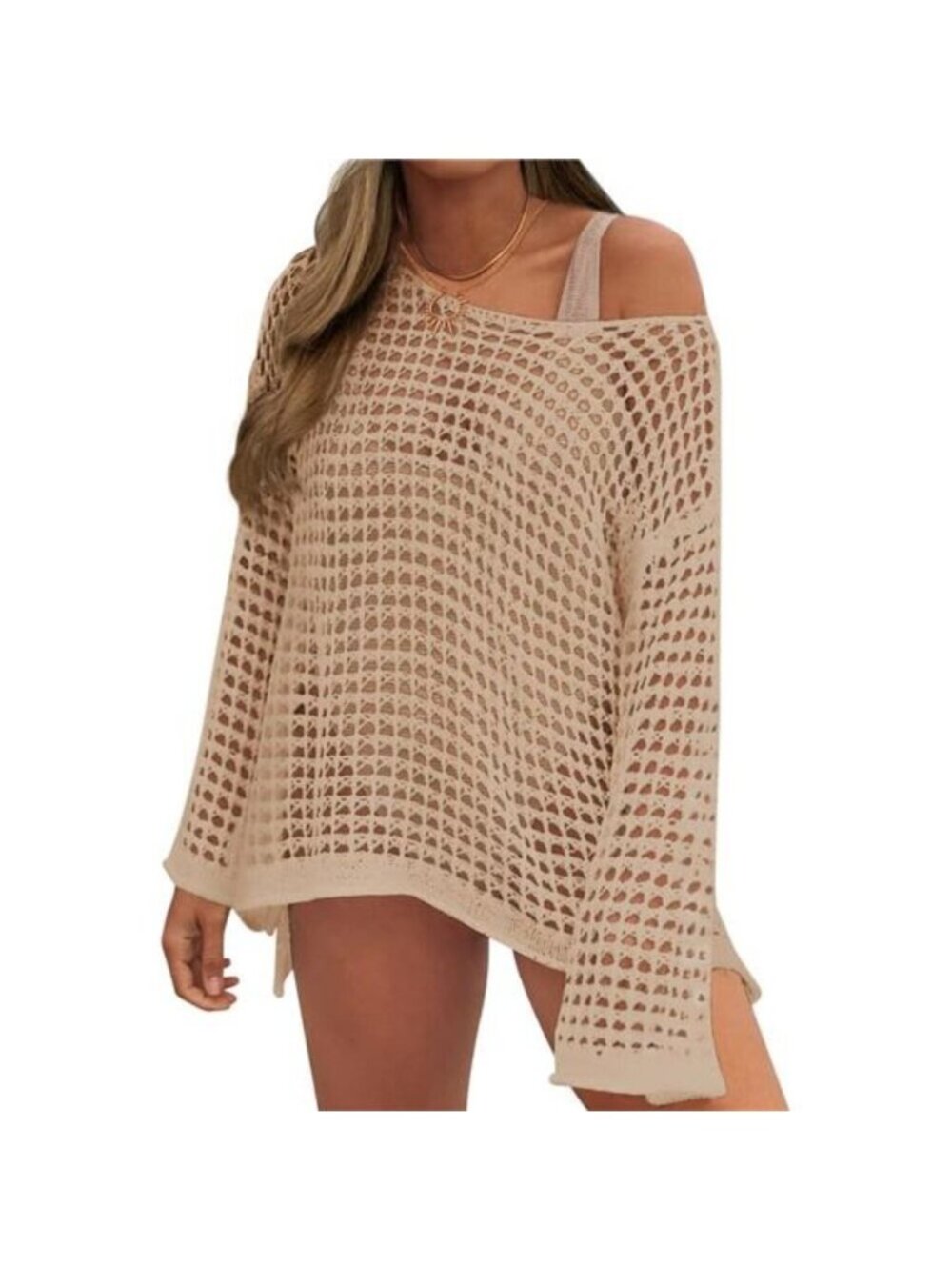 Women's Crochet Cover Up Mesh Hollow Out Bikini Cover Ups, Light Khaki